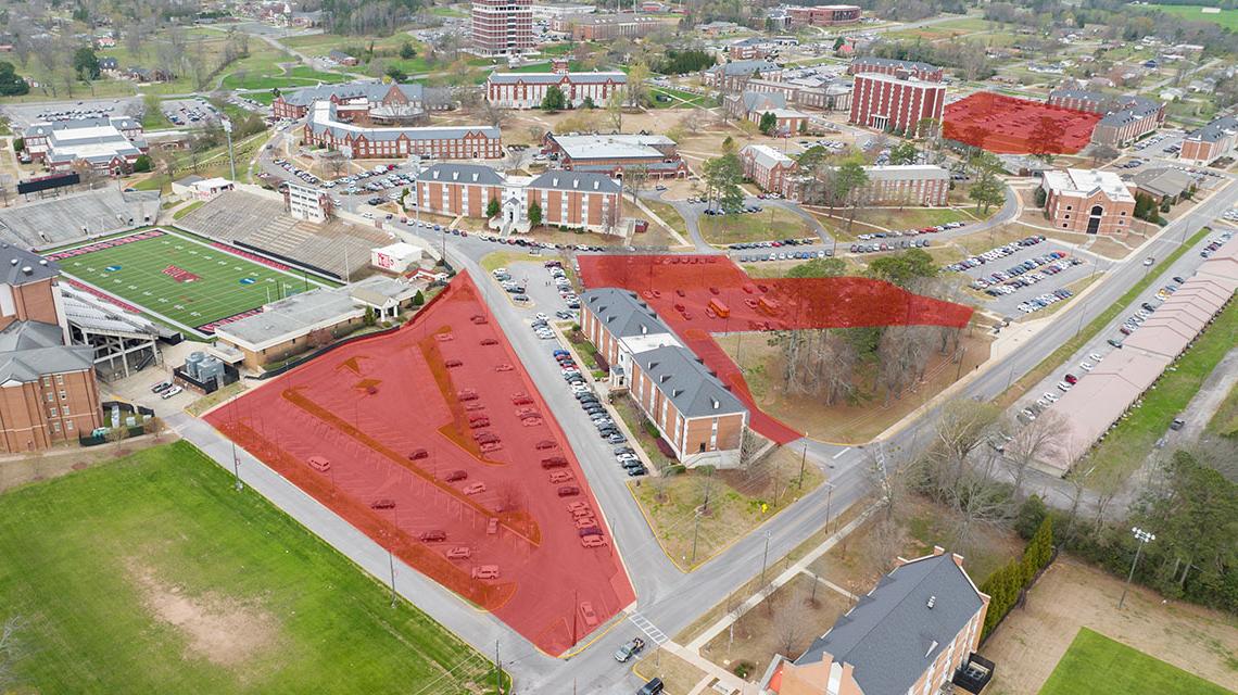 Aerial view of all affected parking areas near residence halls and the Football Field House.